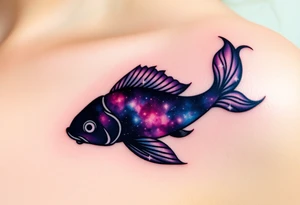A carp silhouette filled with a galaxy pattern, incorporating deep purples, blues, and twinkling white stars. tattoo idea