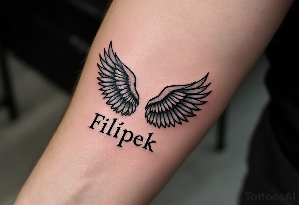 The name Filípek cradled by a pair of gentle gray angel wings. tattoo idea
