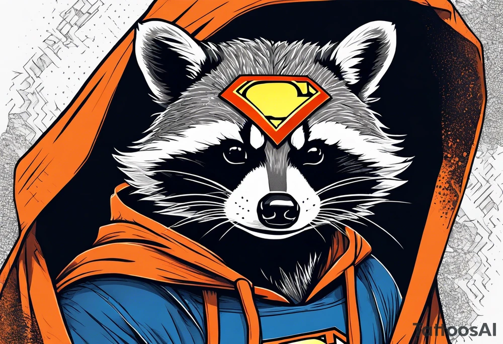 Raccoon wearing an orange Superman hoodie tattoo idea