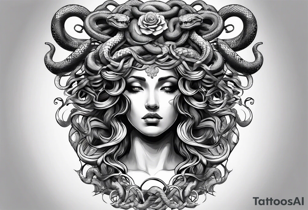 arm tattoo of Medusa as a statue with snakes for hair tattoo idea