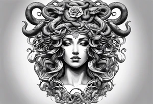 arm tattoo of Medusa as a statue with snakes for hair tattoo idea