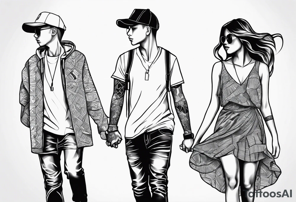 1 young boy 2 young girls walking tattoo idea