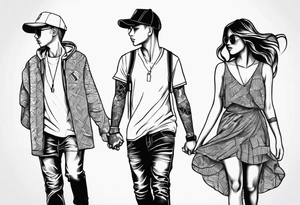 1 young boy 2 young girls walking tattoo idea
