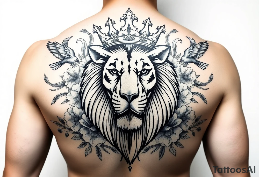 powerful majestic lion with a crown, surrounded by floral ornaments and birds tattoo idea