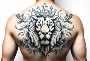 powerful majestic lion with a crown, surrounded by floral ornaments and birds tattoo idea