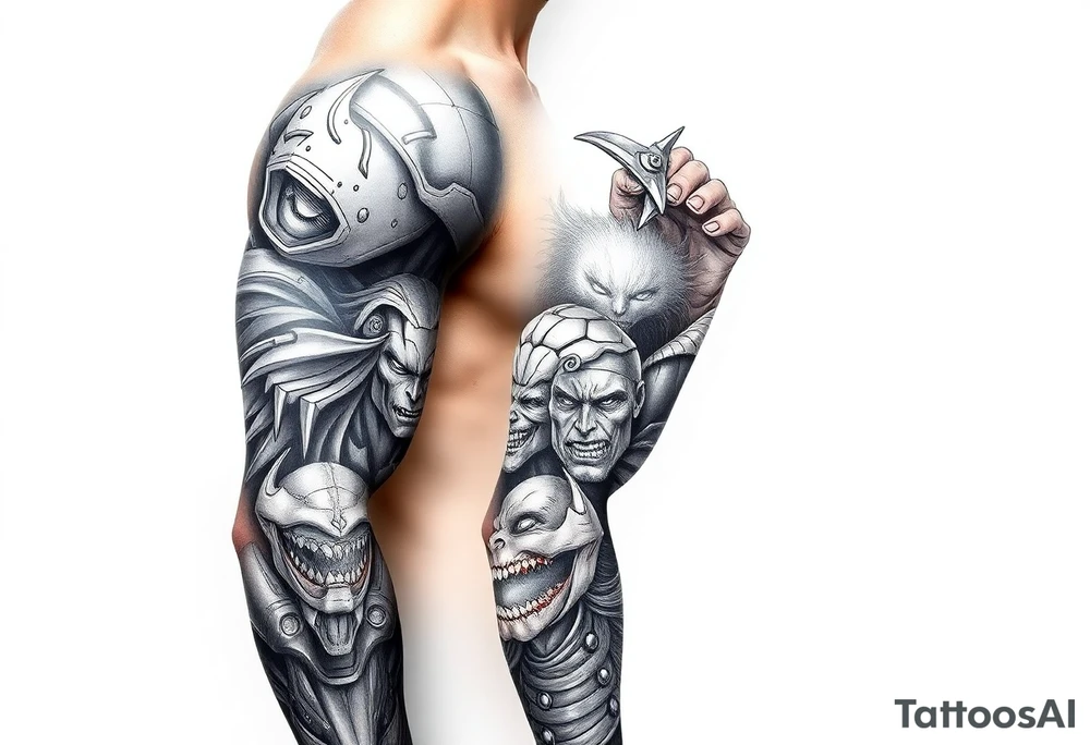 Comic related full sleeve of hero’s and a full sleeve of comic villians tattoo idea