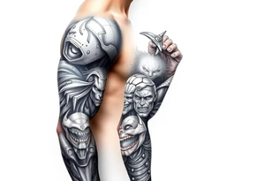 Comic related full sleeve of hero’s and a full sleeve of comic villians tattoo idea