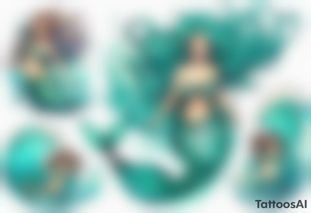 a beautiful chubby turquoise mermaid emerging from an ocean wave, crashing onto the shore tattoo idea