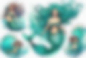 a beautiful chubby turquoise mermaid emerging from an ocean wave, crashing onto the shore tattoo idea