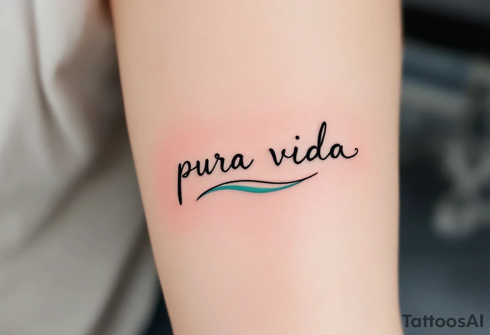 Minimal “Pura Vida” with a single turquoise wave curling underneath the text in a continuous line. tattoo idea