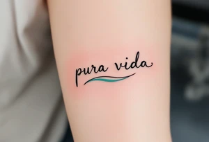 Minimal “Pura Vida” with a single turquoise wave curling underneath the text in a continuous line. tattoo idea