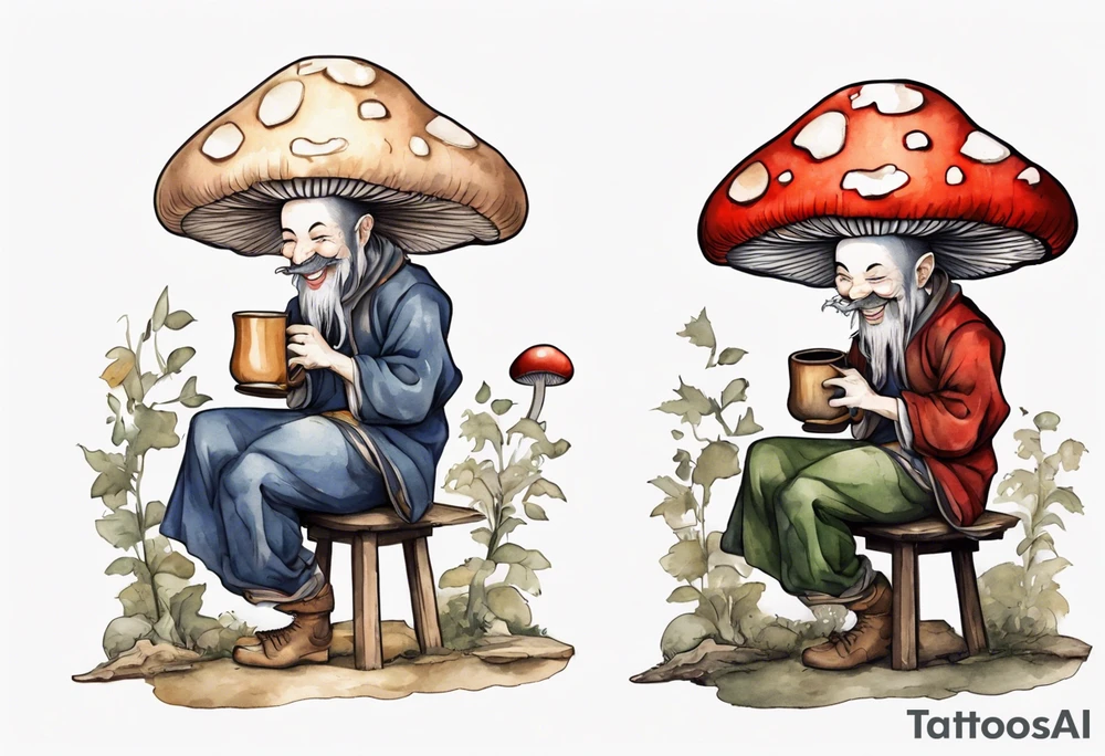 a mushroom wearing medieval clothes sitting on a stool drinking from a wood mug, laughing tattoo idea