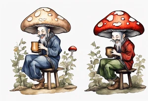 a mushroom wearing medieval clothes sitting on a stool drinking from a wood mug, laughing tattoo idea