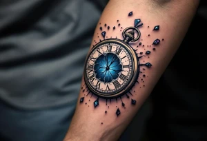 A cracked pocket watch suspended in midair, with Roman numerals floating away like petals, fading into a deep midnight blue void. tattoo idea