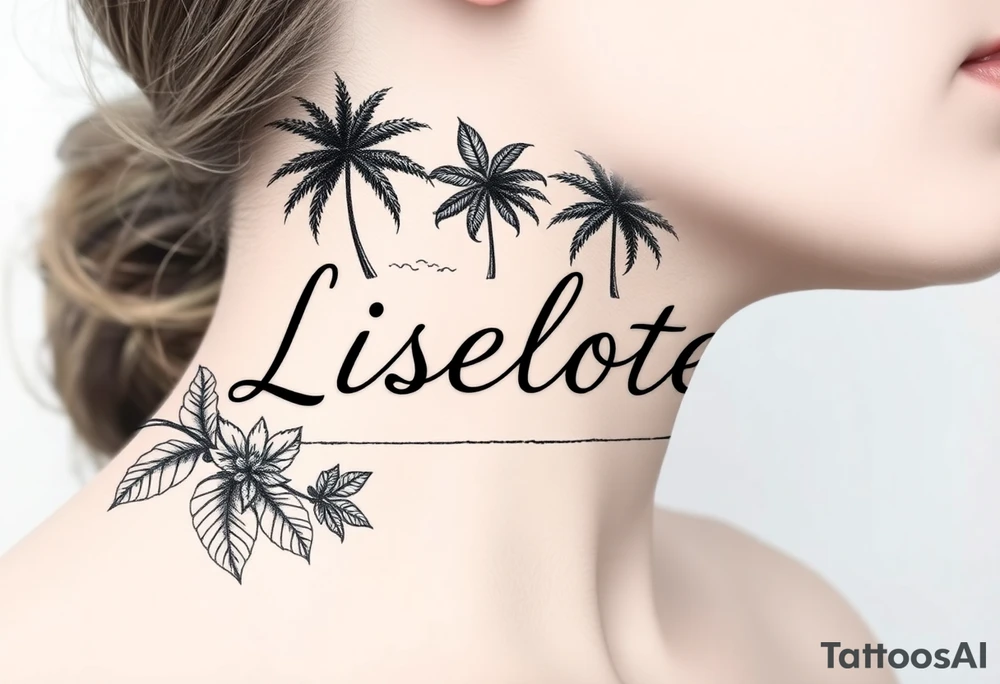 The name Liselotte surrounded by tropical scenery tattoo idea