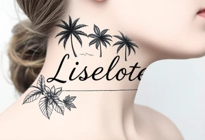 The name Liselotte surrounded by tropical scenery tattoo idea
