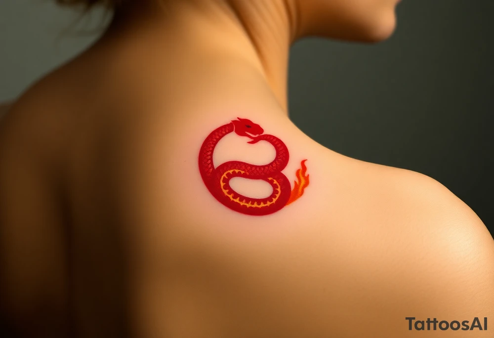 A fiery red and orange Ouroboros snake in cyrcle, with flickering flames engulfing the tail, representing passion and rebirth. tattoo idea