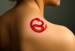 A fiery red and orange Ouroboros snake in cyrcle, with flickering flames engulfing the tail, representing passion and rebirth. tattoo idea
