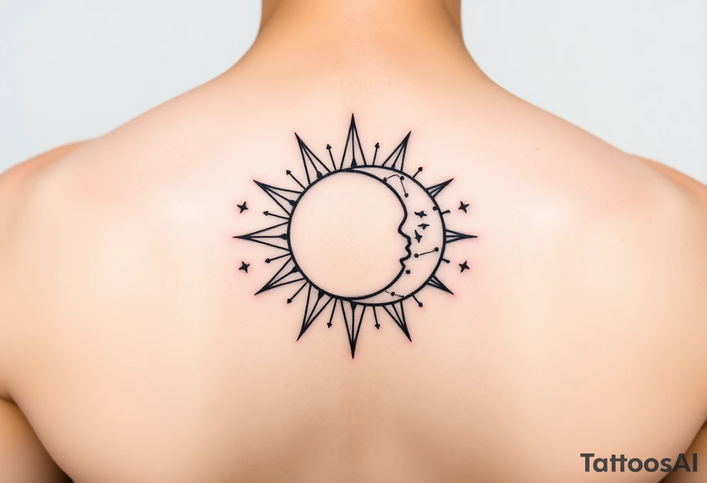 celestial sun and moon embrace with constellation patterns tattoo idea