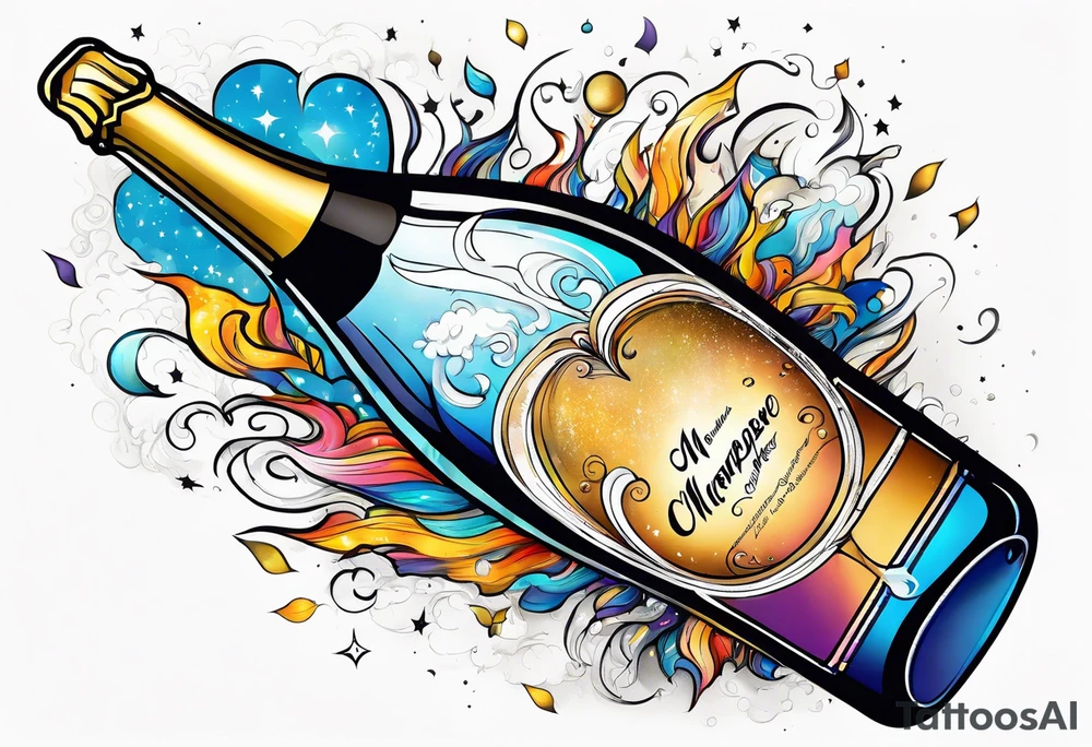 A champagne bottle exploding in space, above the world tattoo idea