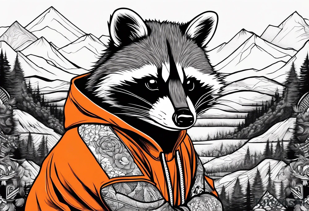 Raccoon wearing an orange Superman hoodie tattoo idea