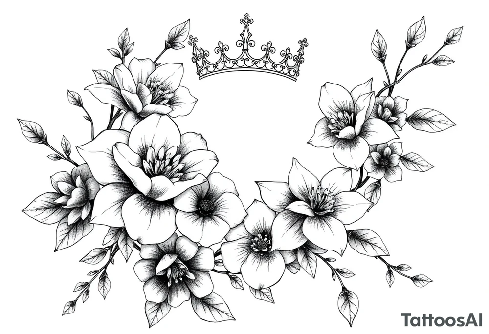 detailed beautiful gothic boho flowers on vine with gorgeous crown ornamental tattoo idea