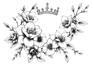 detailed beautiful gothic boho flowers on vine with gorgeous crown ornamental tattoo idea