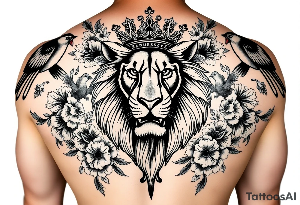 powerful majestic lion with a crown, surrounded by floral ornaments and birds tattoo idea