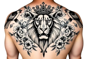 powerful majestic lion with a crown, surrounded by floral ornaments and birds tattoo idea