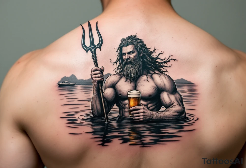 young, happy, fit poseidon in calm water, holding a trident, drinking a beer, with sunset, with ski boat tattoo idea