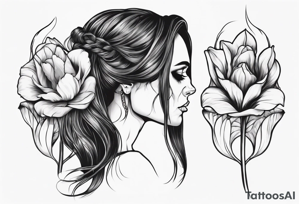 sideview of female skull with long hair and tulip bud in hair tattoo idea