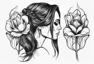 sideview of female skull with long hair and tulip bud in hair tattoo idea