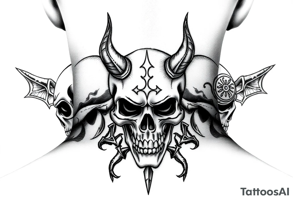 Tribal skulls of the devil with Japanese signs of the dead tattoo idea