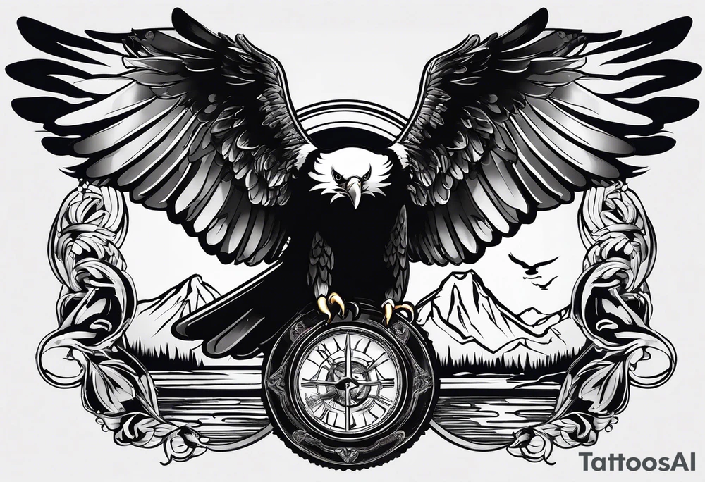 idea of pain for glory in life, discipline and catholic religion. Tattoo on the back with an eagle , 2 pigeon and fish tattoo idea