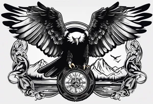 idea of pain for glory in life, discipline and catholic religion. Tattoo on the back with an eagle , 2 pigeon and fish tattoo idea