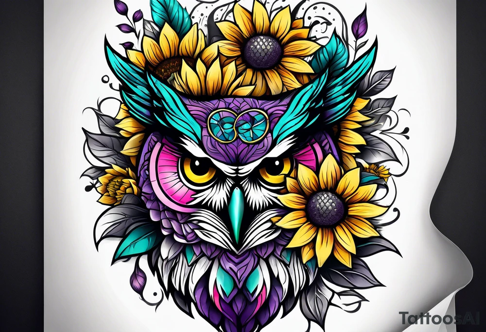 Leg Sleeve with teal, pink and purple owl and yellow sunflowers tattoo idea