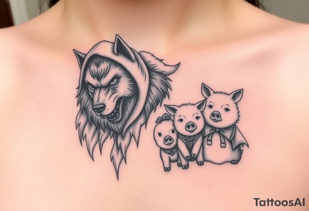 Big bad wolf nursery rhyme wearing a sheep costume with sheep head hood to kill and eat the three little pigs and little red riding hood tattoo idea