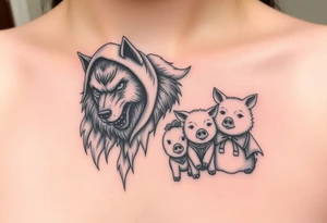 Big bad wolf nursery rhyme wearing a sheep costume with sheep head hood to kill and eat the three little pigs and little red riding hood tattoo idea