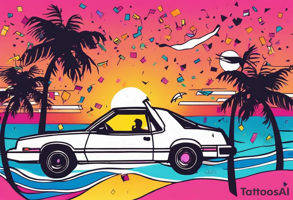 1980's miami vice style beach dance 
party, include confetti, music notes, boom box, SILHOUETTE bikinis sunset in the center tattoo idea