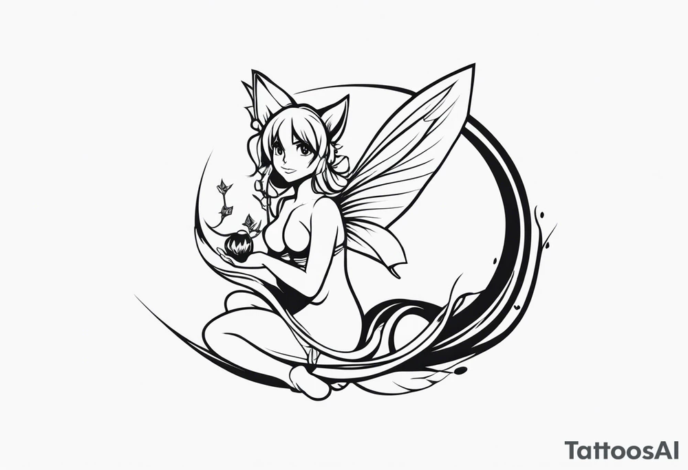 A fairy with a tail inspired by the logo of the show called Fairy Tail in a fetal position leaning in tattoo idea