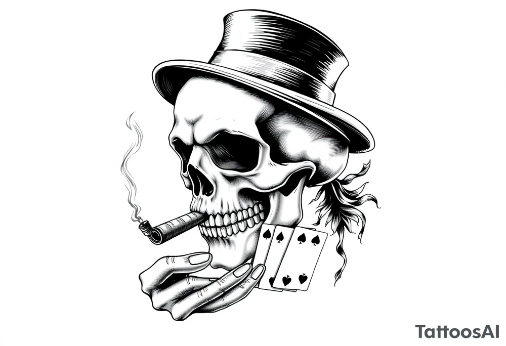 a skull with mustache,top-hat, cigar in his mouth and playing cards in a hand. tattoo idea