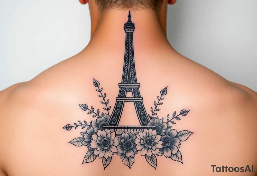 Beautiful Eiffel Tower wrapped in flowers tattoo idea
