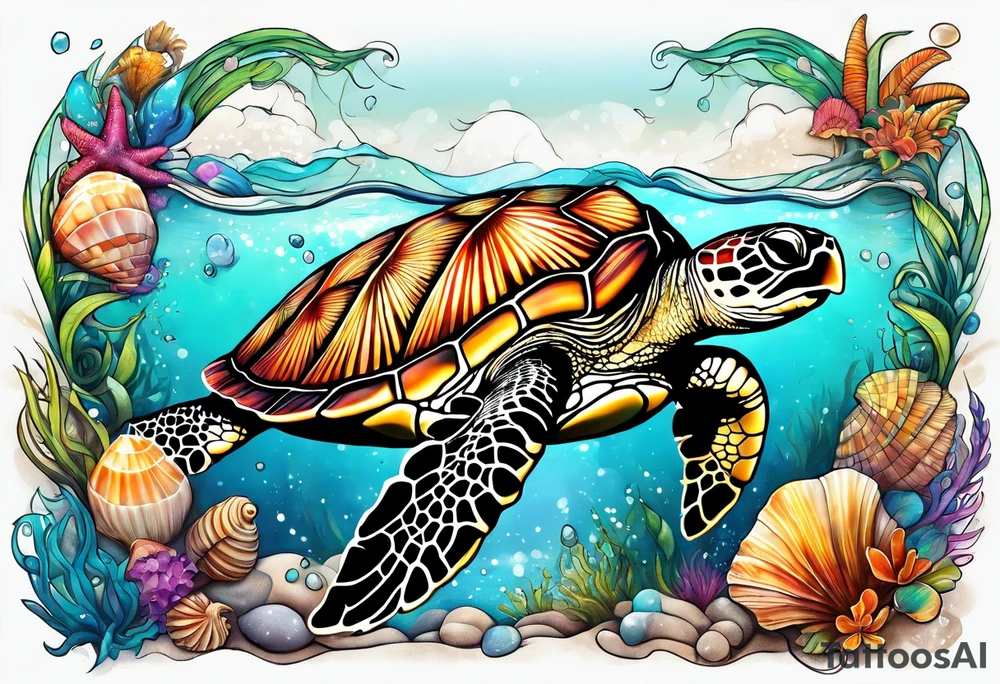 beachy seashell sea turtle tattoo idea