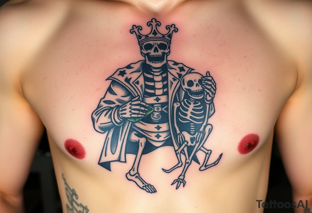 evil skeleton king in clothes having a good time getting drunk with skeleton dog tattoo idea