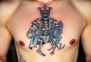 evil skeleton king in clothes having a good time getting drunk with skeleton dog tattoo idea