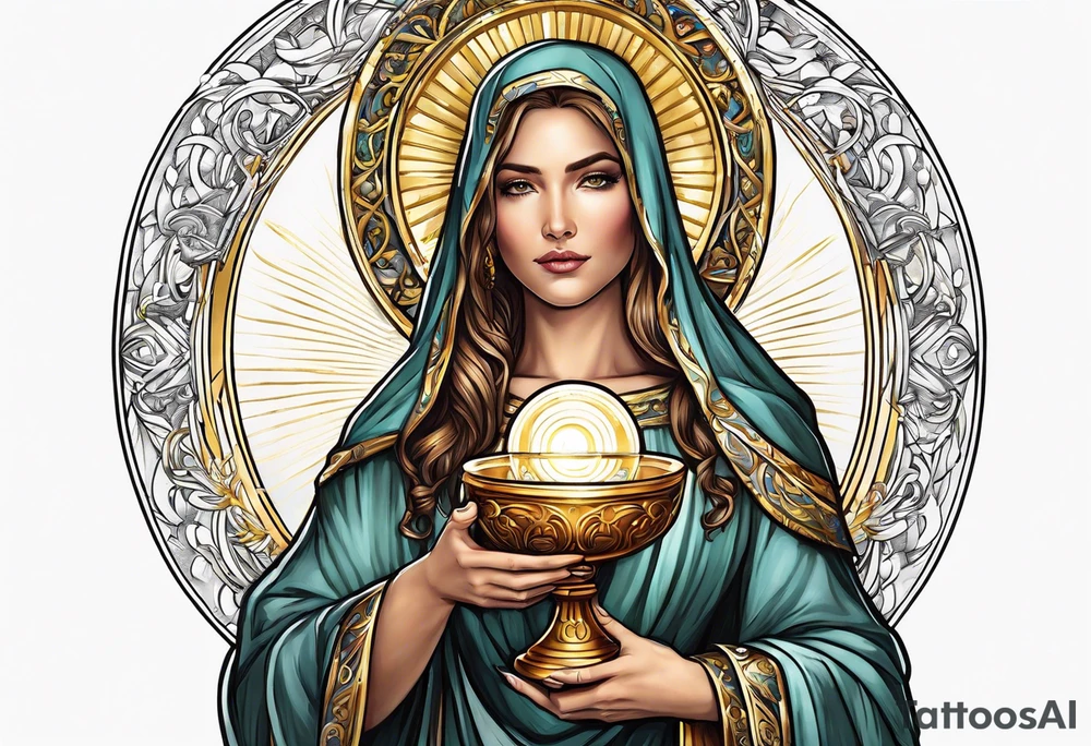 holy saint woman with golden halo holding a chalice tattoo idea