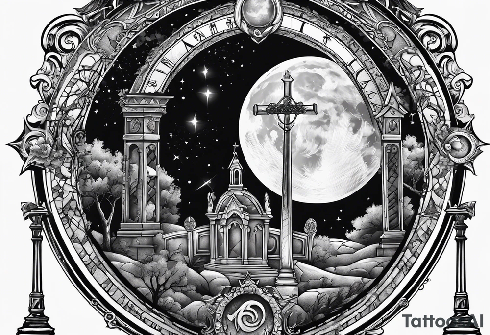 graveyard with moon and sundial tattoo idea