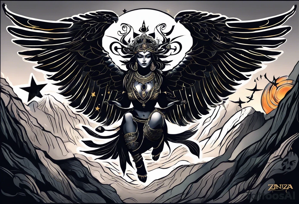 black kali, goddess pirate, alien, angel, pachamama, valkrye, warrior, flying, skull, lotus azul, wing, eagle, zenza resonance, stars, 5D, anahata chakra, death, durga, riding on a tiger, flying lady tattoo idea