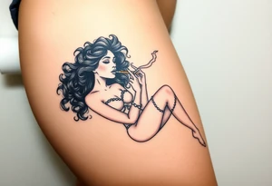 Curly haired Woman smoking while floating in outer space tattoo idea