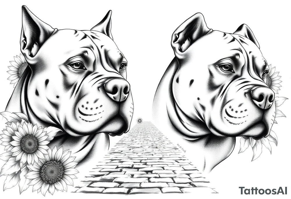 Very thick muscled up pitbull portraits fading into the background as filler incorporate sunflowers, an old road made from pavers tattoo idea